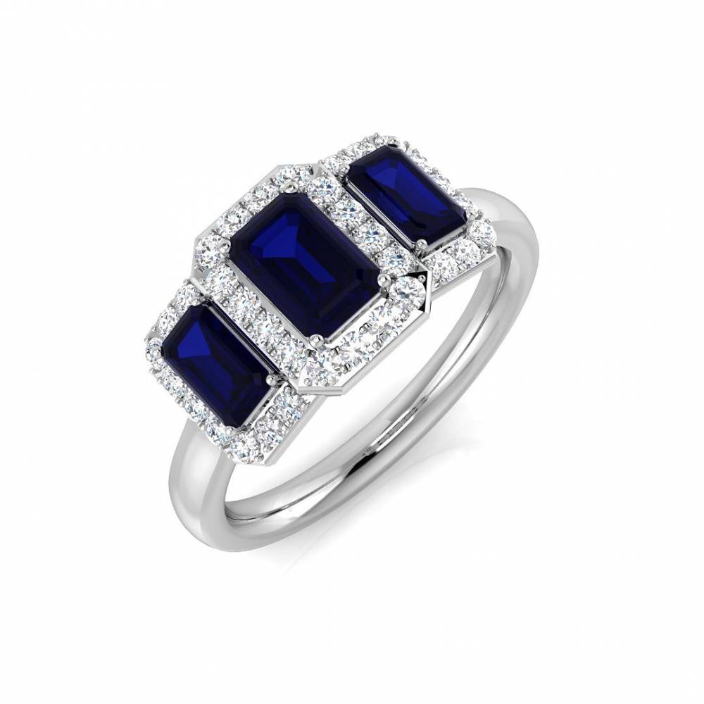 Emerald Blue Sappgire and Round Diamond Trilogy Ring W