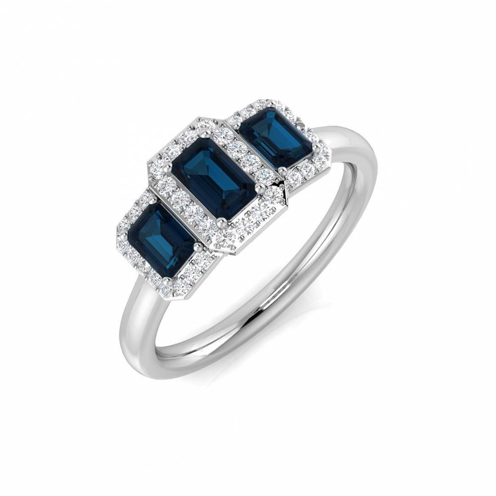 Blue Topaz Emerald shape Gemstone and Round Diamond Trilogy Ring W