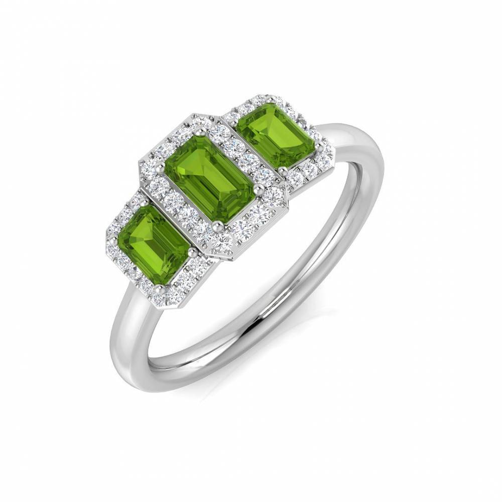 Emerald Shape Peridot and Round Diamond Halo Trilogy Ring W