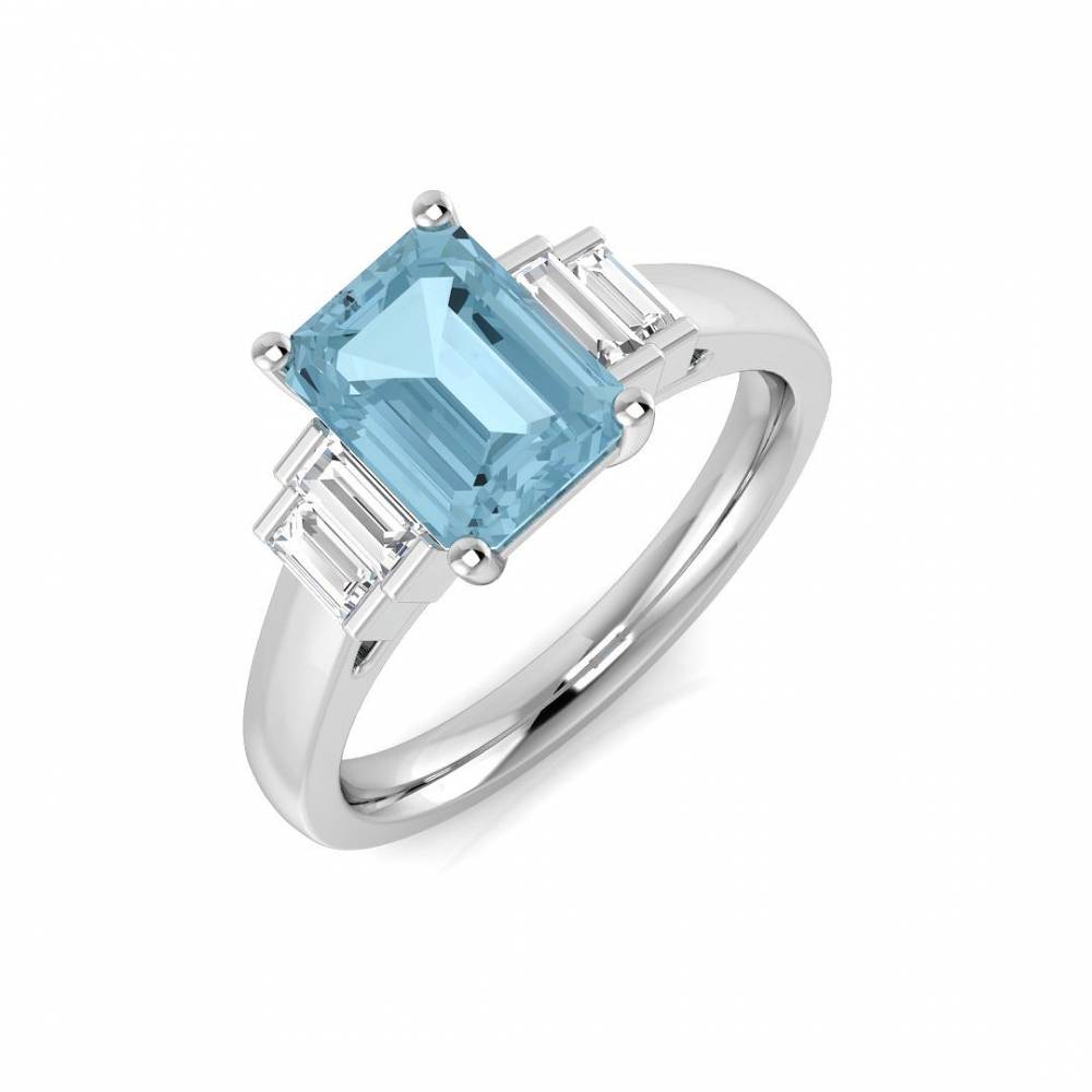 Emerald Aquamarine and Baguette Diamond Side Stone Ring P