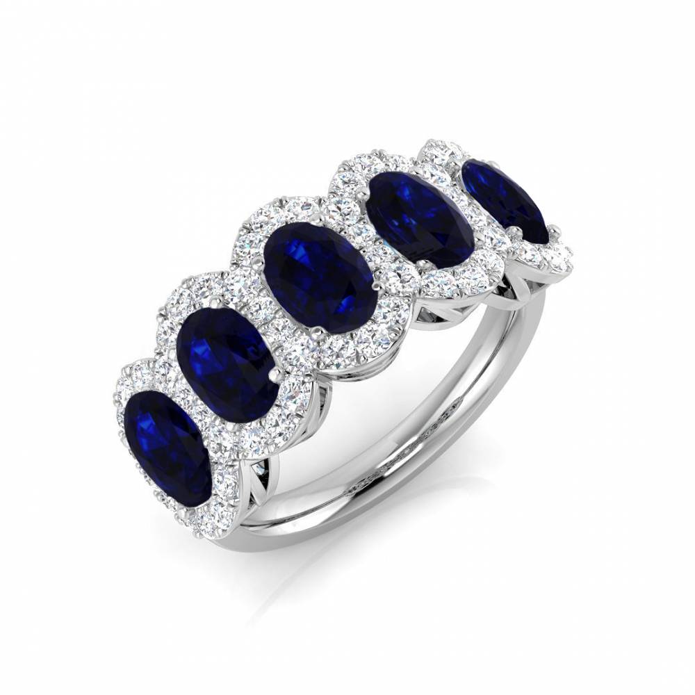 Oval Blue Sapphires and Round Diamond Halo 5 Stone Ring W