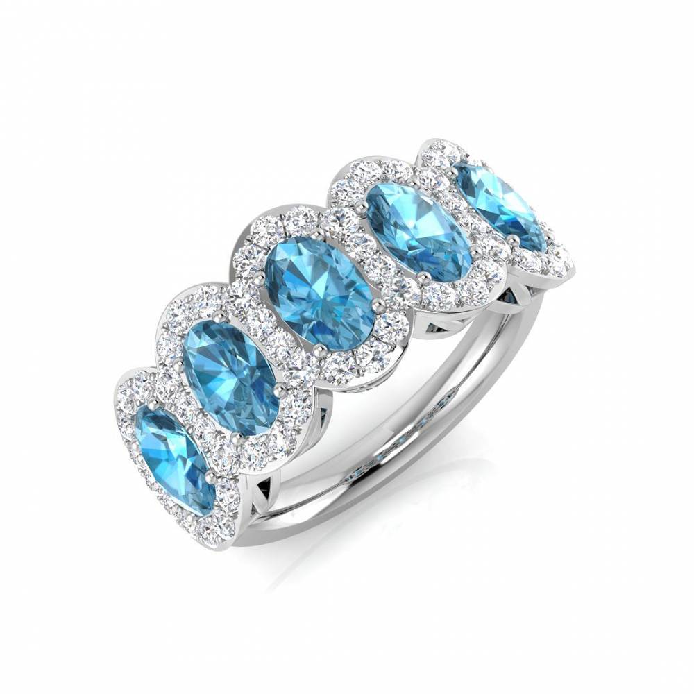 Oval Blue Topaz and Round Diamond Halo 5 Stone Ring W