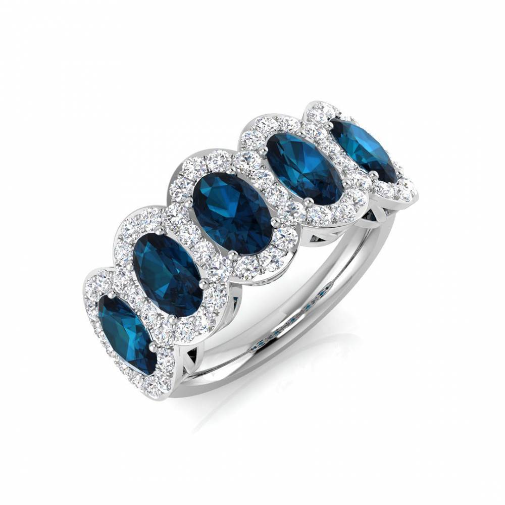 Oval Blue Topaz and Round Diamond Halo 5 Stone Ring W