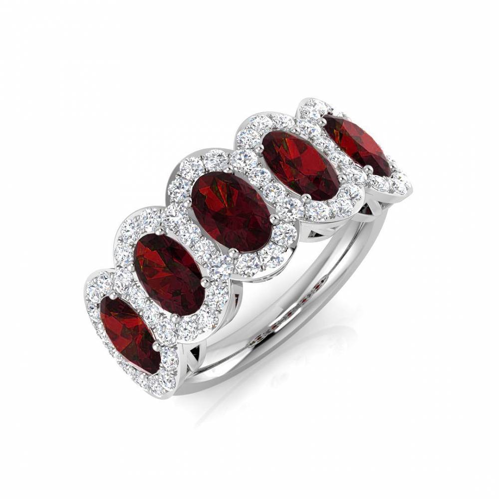 Oval Ruby and Round Diamond Halo 5 Stone Ring W