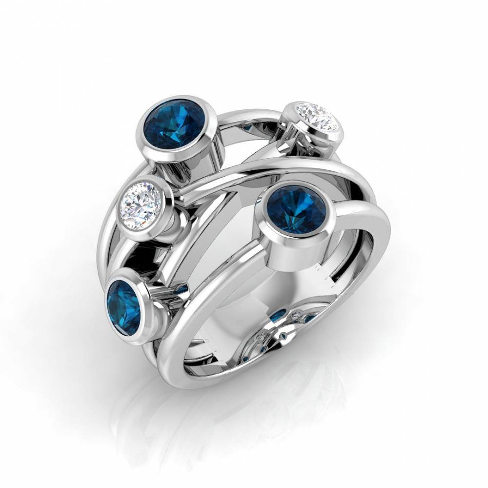 Blue Topaz Round and Diamond Bubble Ring W