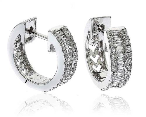Elegant Round & Baguette Diamond Hoop Earrings W