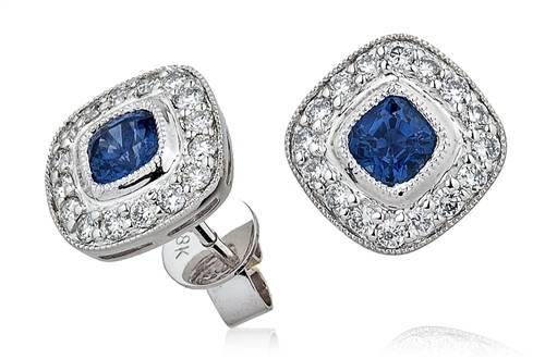 Cushion Blue Sapphire & Diamond Cluster Earrings P