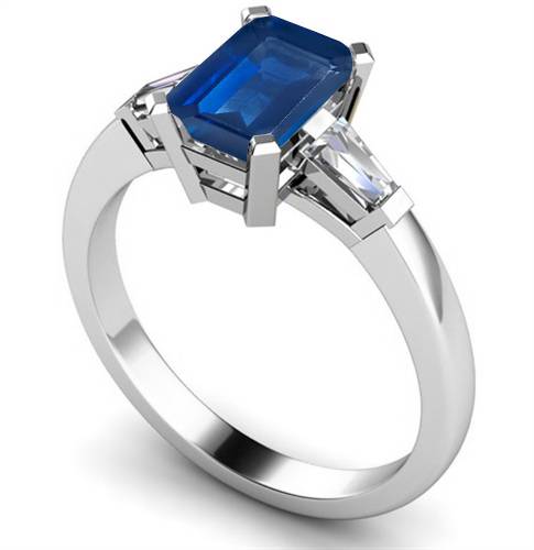Emerald Blue Sapphire & Baguette Diamond Trilogy Ring
 W