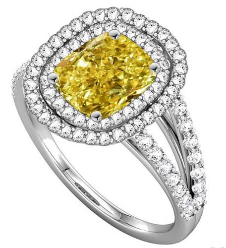 Fancy Yellow Radiant Diamond Halo Shoulder Set Ring P