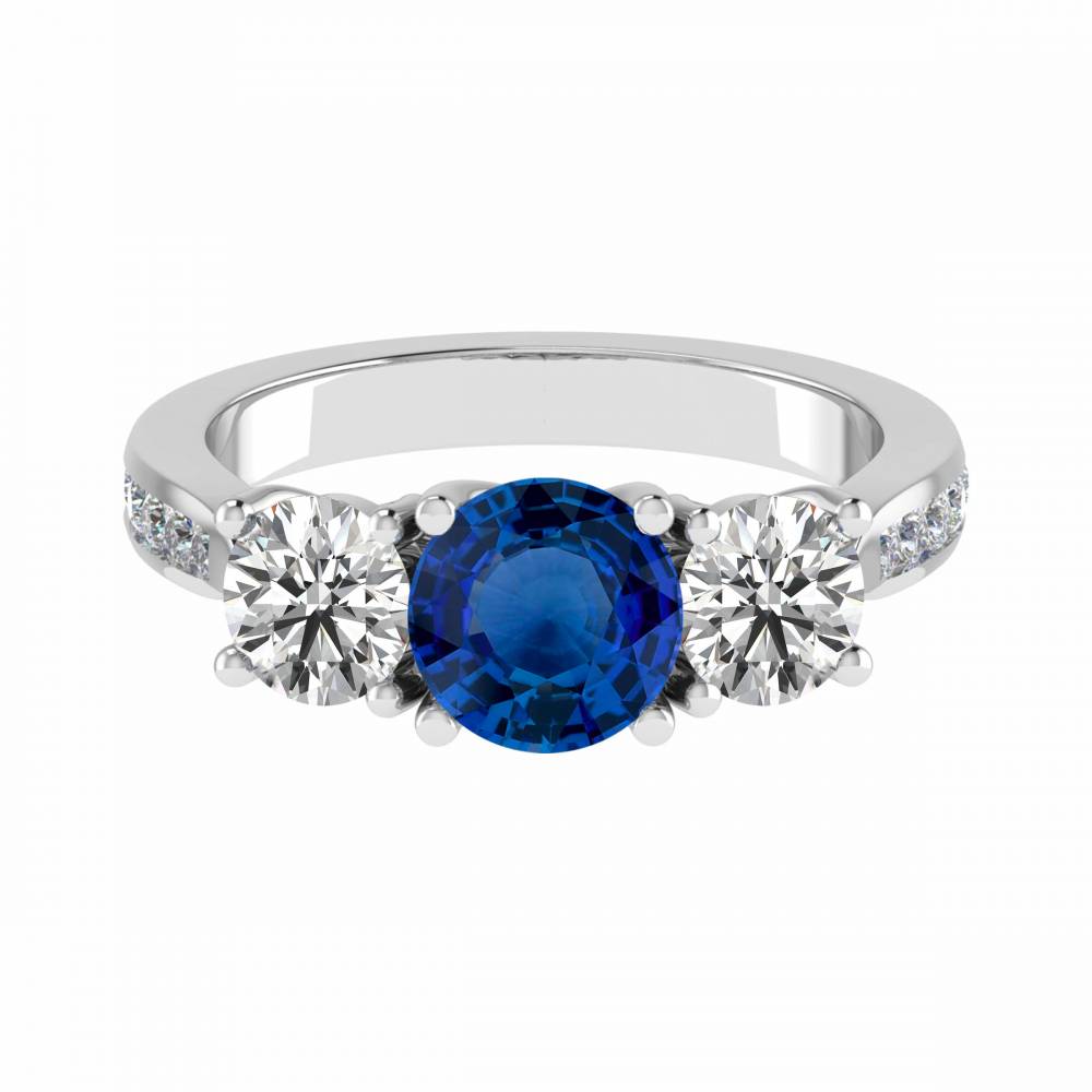 3 Stone Blue Sapphire/Diamond Ring With Shoulder Diamonds P