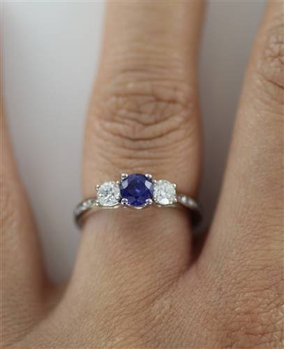 3 Stone Blue Sapphire/Diamond Ring With Shoulder Diamonds W