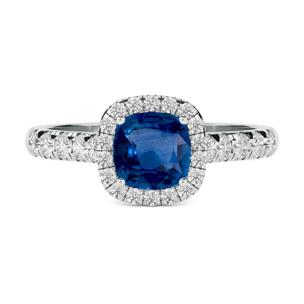 Cushion Blue Sapphire & Diamond Single Halo Shoulder Set Ring W