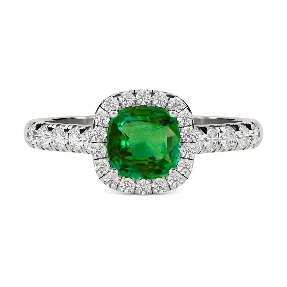 Green Emerald Cushion Shaped Diamond Single Halo Shoulder Set Ring P