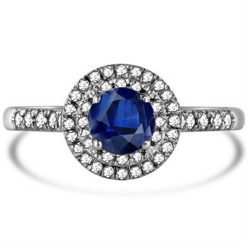 Round Blue Sapphire & Diamond Halo Ring W