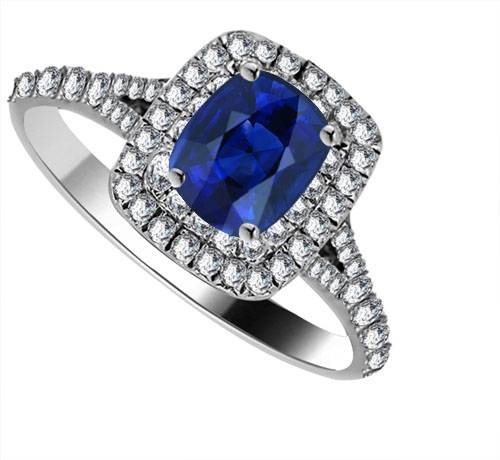 Cushion Blue Sapphire & Diamond Double Halo Shoulder Set Ring
 P