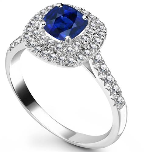 Cushion Blue Sapphire & Diamond Double Halo Shoulder Set Ring P