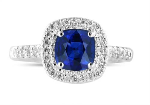 Cushion Blue Sapphire & Diamond Double Halo Shoulder Set Ring W
