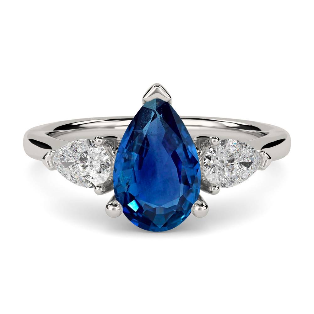 Elegant Pear Blue Sapphire Diamond Trilogy Ring P