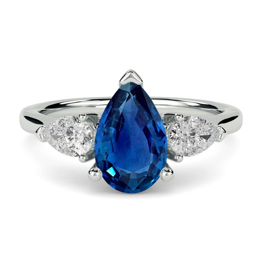 Elegant Pear Blue Sapphire Diamond Trilogy Ring W