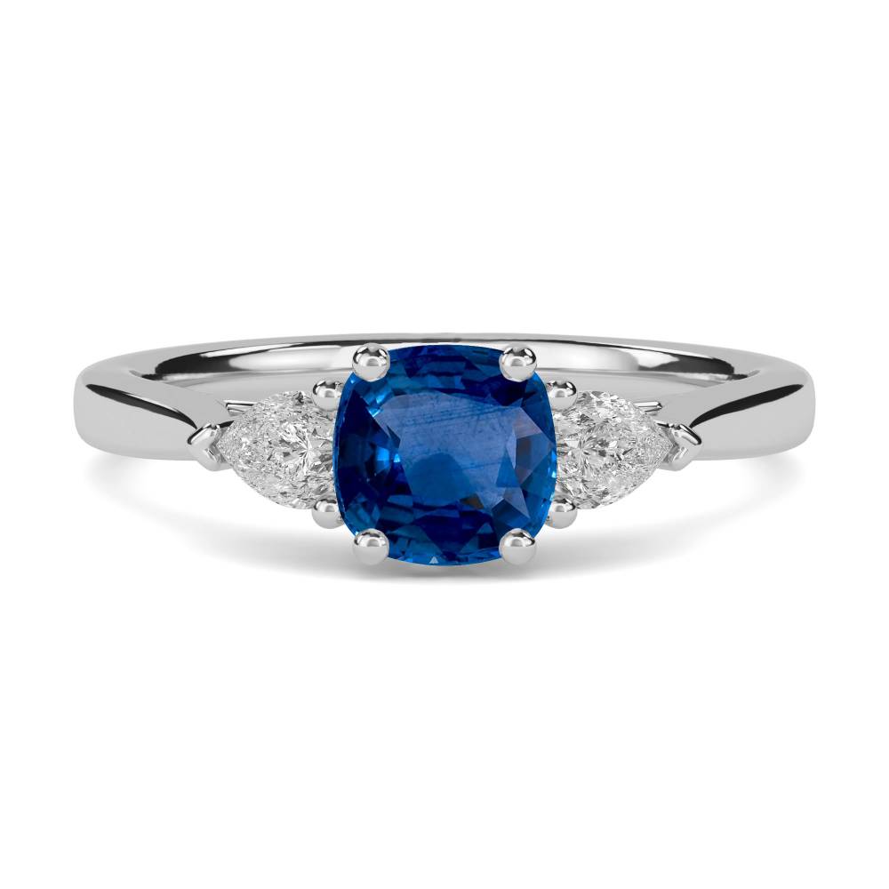 Blue Sapphire Cushion & Pear Diamond Trilogy Ring P