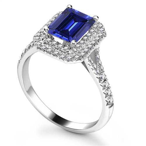 Blue Sapphire & Diamond Double Halo Shoulder Set Ring P