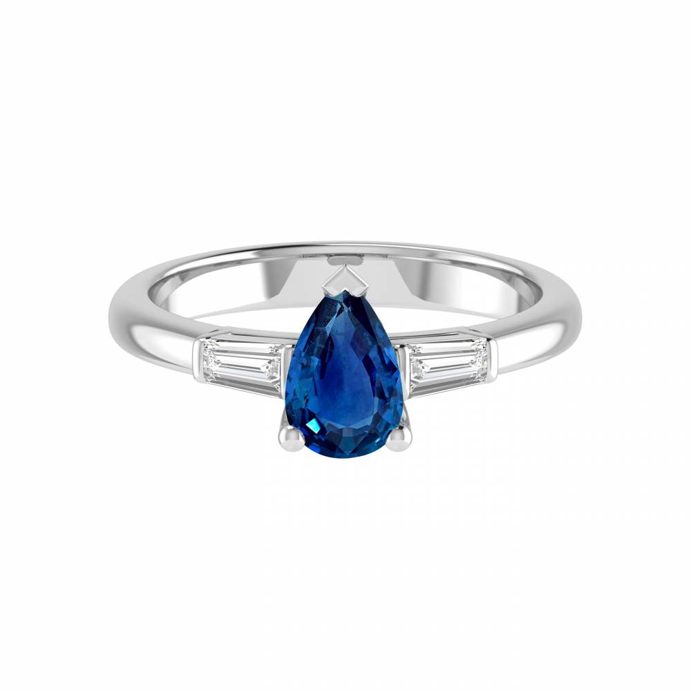 Elegant Pear Blue Sapphire Diamond Trilogy Ring W