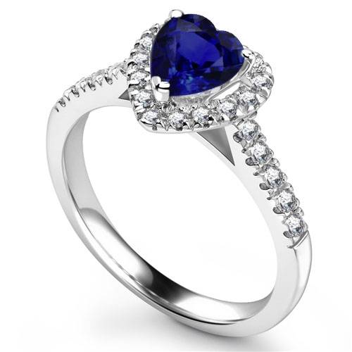 Blue Sapphire Heart Shaped Diamond Single Halo Shoulder Set Ring P