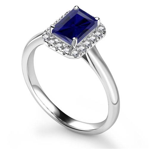 Blue Sapphire Radiant Shaped Diamond Single Halo Shoulder Set Ring P