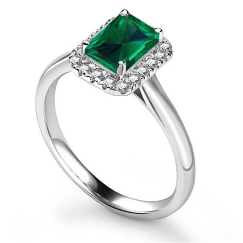 Green Emerald Radiant Shaped Diamond Single Halo Shoulder Set Ring P