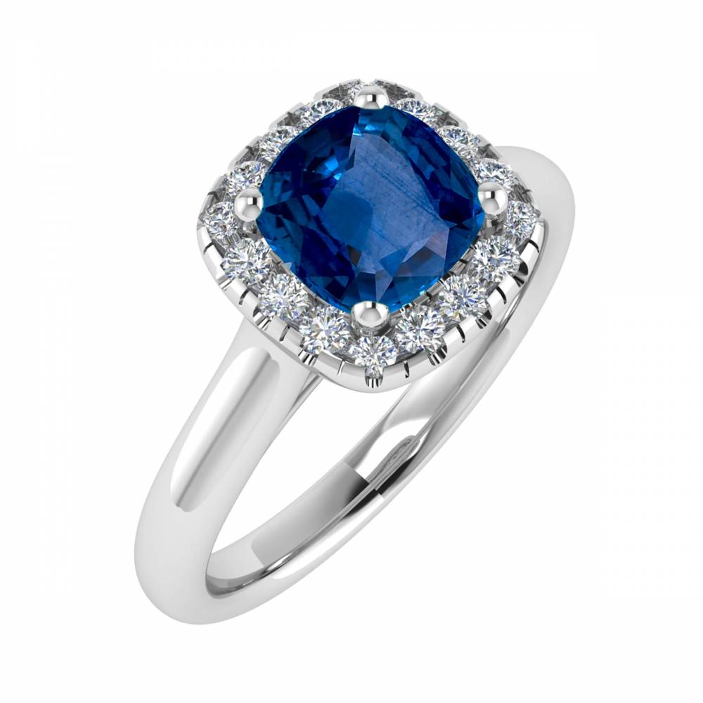 Cushion Blue Sapphire & Diamond Halo Ring P