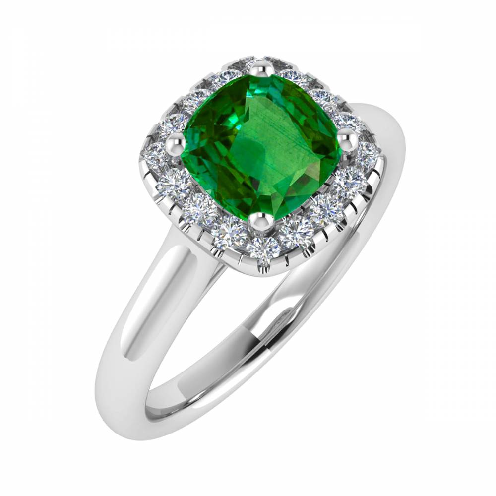 Green Emerald Cushion Shaped Diamond Single Halo Shoulder Set Ring P