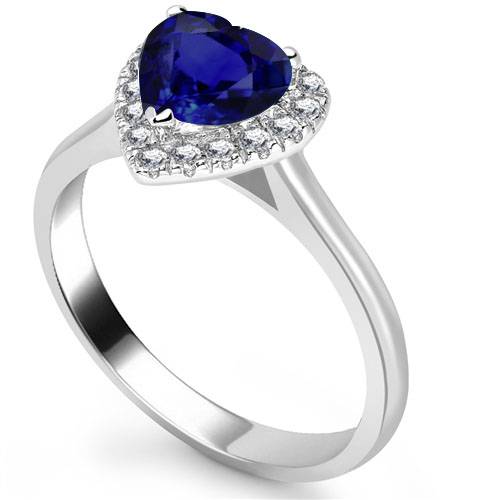 Blue Sapphire Heart Shaped Diamond Single Halo Shoulder Set Ring P