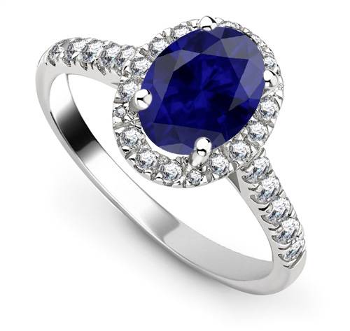 Blue Sapphire Oval Shaped Diamond Single Halo Shoulder Set Ring P