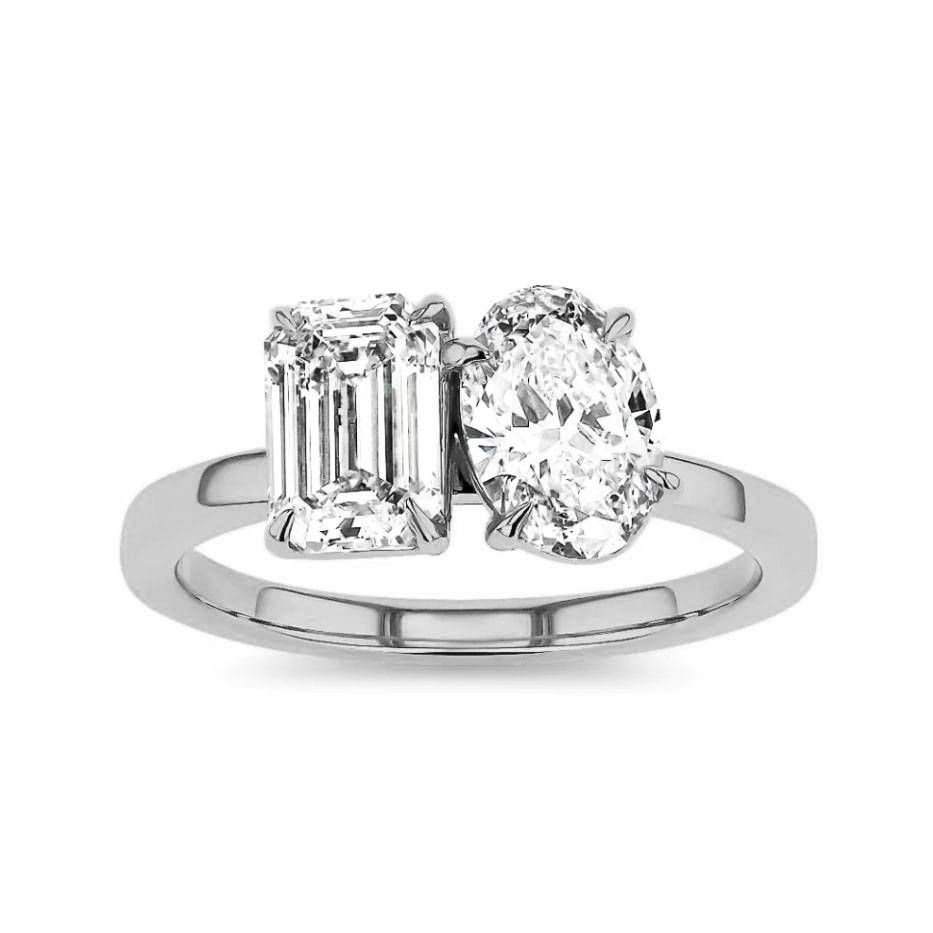 Emerald & Oval Two Stone Diamond Ring P