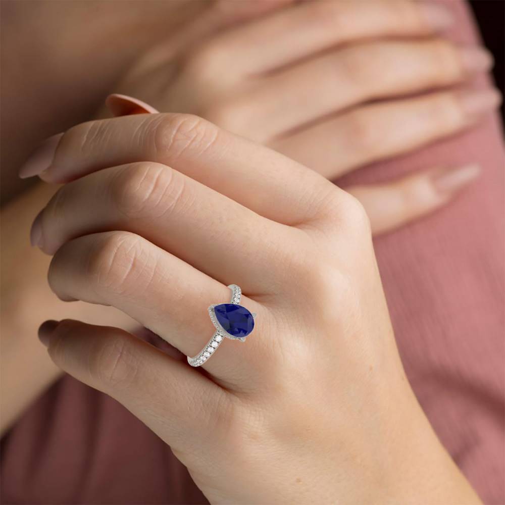 Pear Blue Sapphire Gemstone Halo Ring P