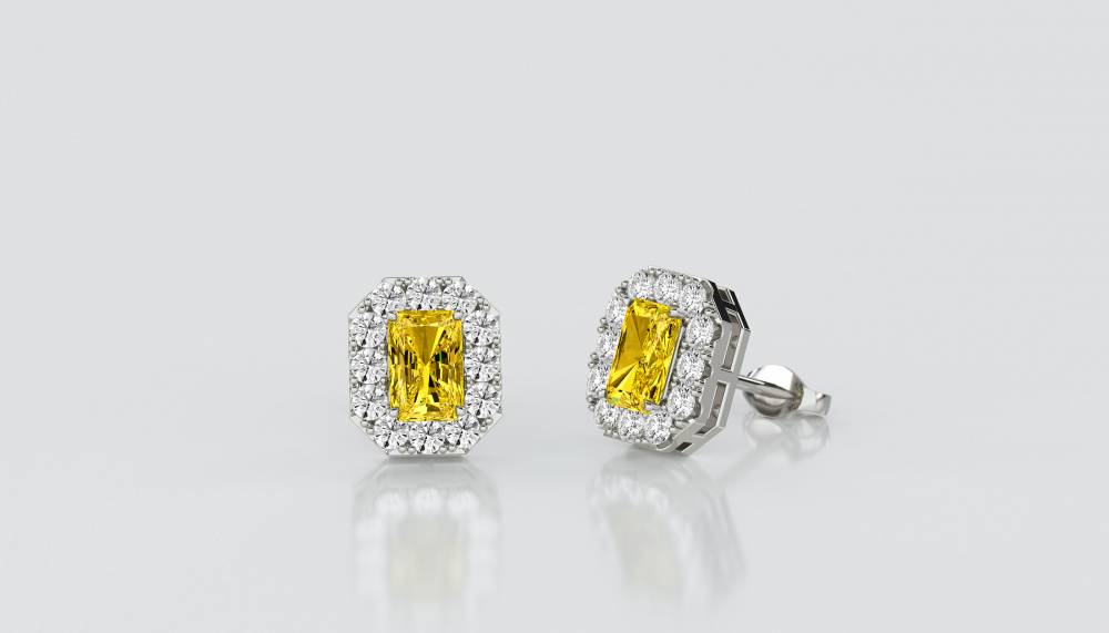 Fancy Yellow Radiant Diamond Halo Earrings P