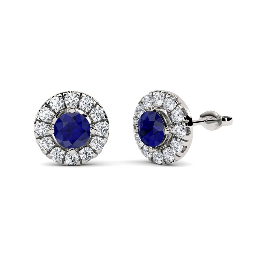 Round Blue Sapphire & Diamond Cluster Earrings P