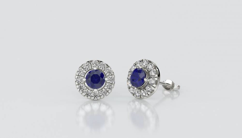 Round Blue Sapphire & Diamond Cluster Earrings P