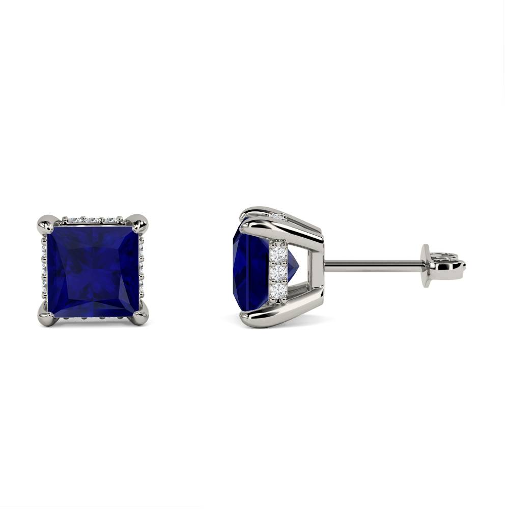 Princess Blue Sapphire Diamond Earrings P