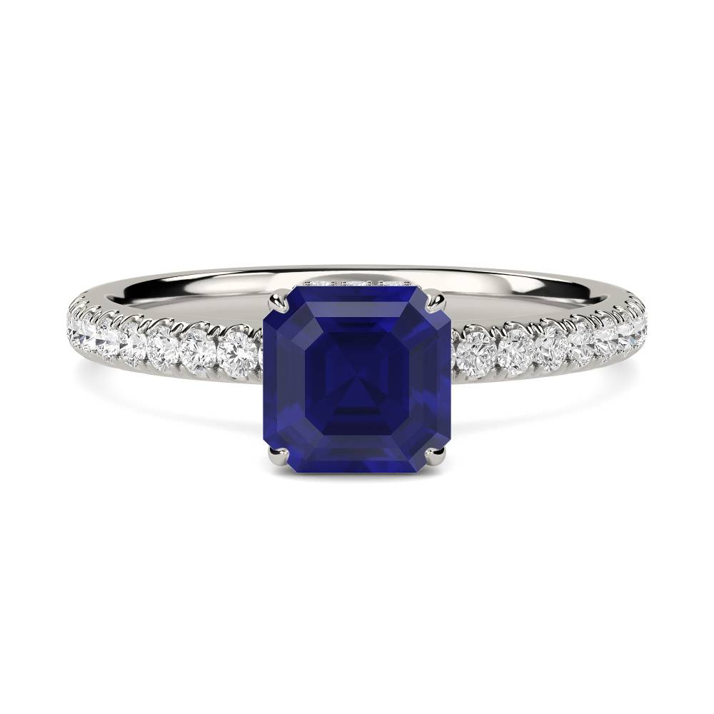 Asscher Blue Sapphire Gemstone Halo Ring P