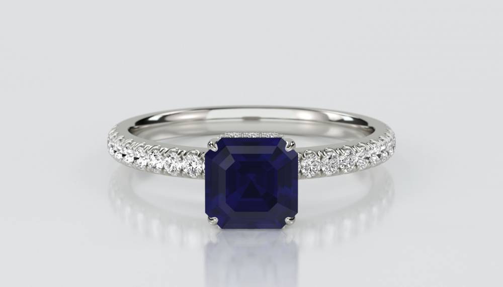 Asscher Blue Sapphire Gemstone Halo Ring P