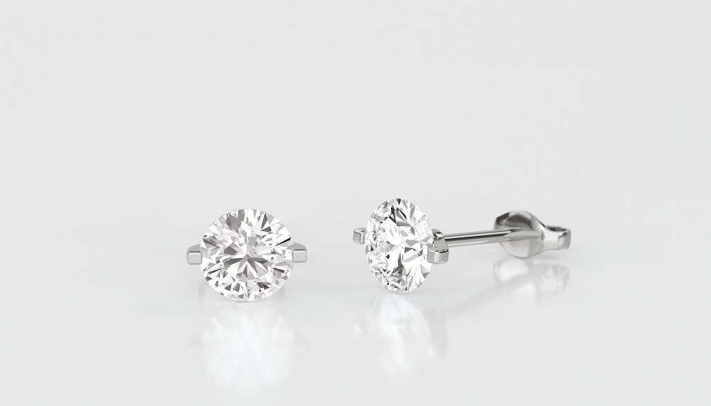 Unique Two Prong Round Diamond Stud Earrings W
