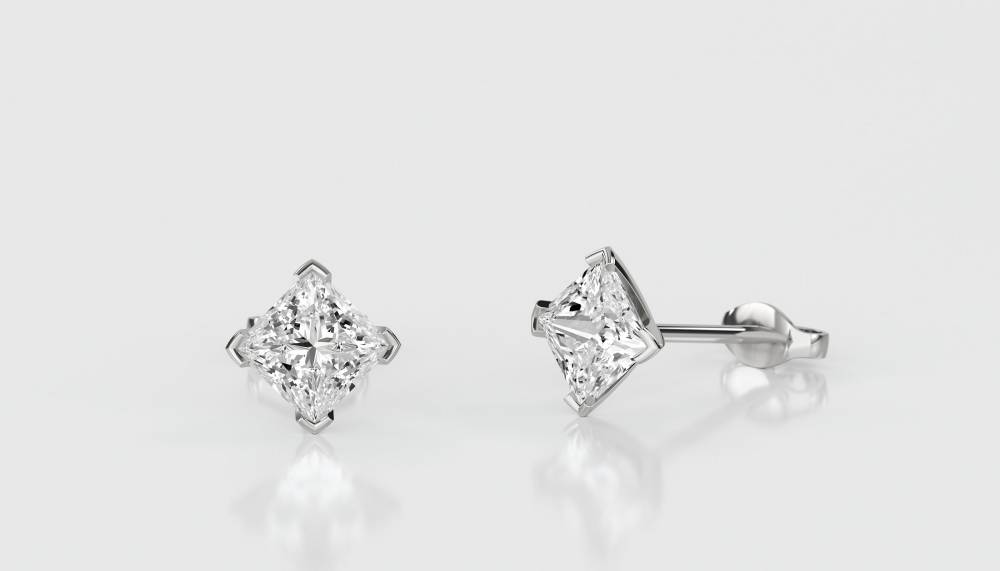 Four Corner Prong Princess Diamond Stud Earrings W