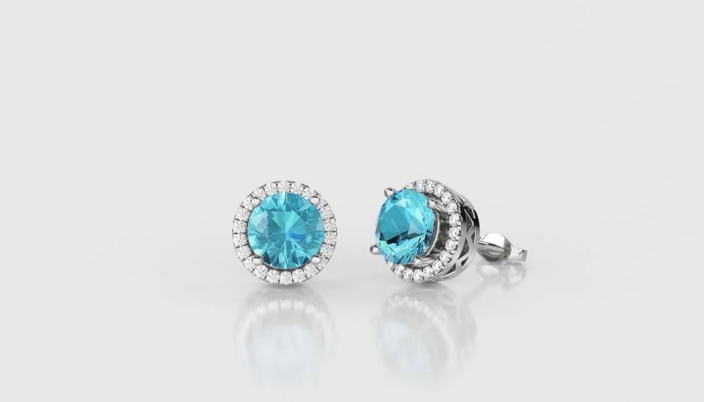 Round Shaped Aquamarine & Diamond Cluster Earrings W