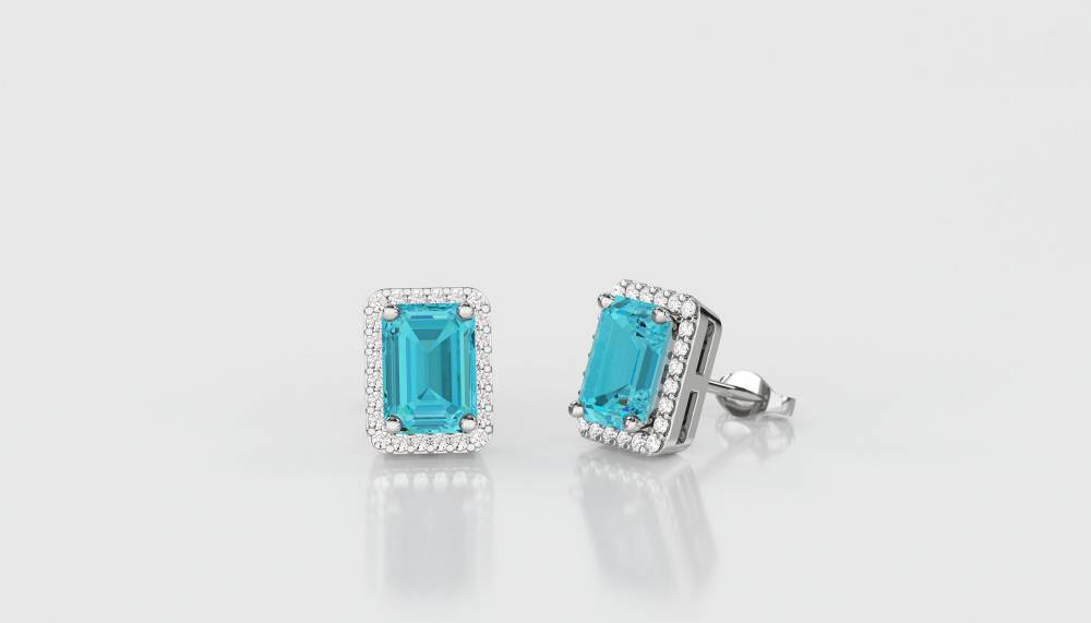 Emerald Shaped Aquamarine & Diamond Cluster Earrings W