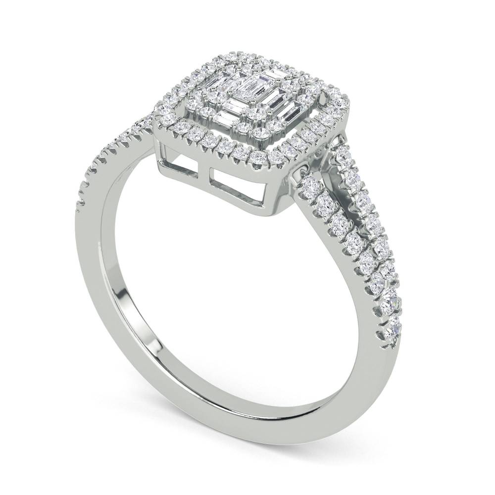 1.00ct Modern Round And Baguette Diamond Halo Cluster Ring W
