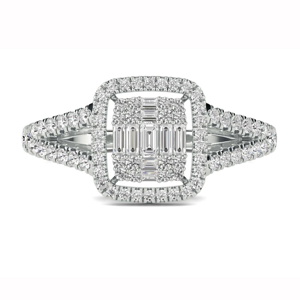 1.00ct Modern Round And Baguette Diamond Halo Cluster Ring W