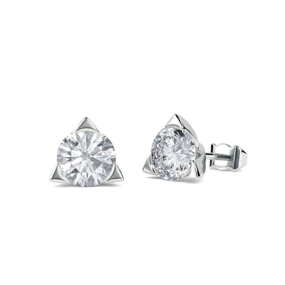 Unique Three Prong Round Diamond Stud Earrings W