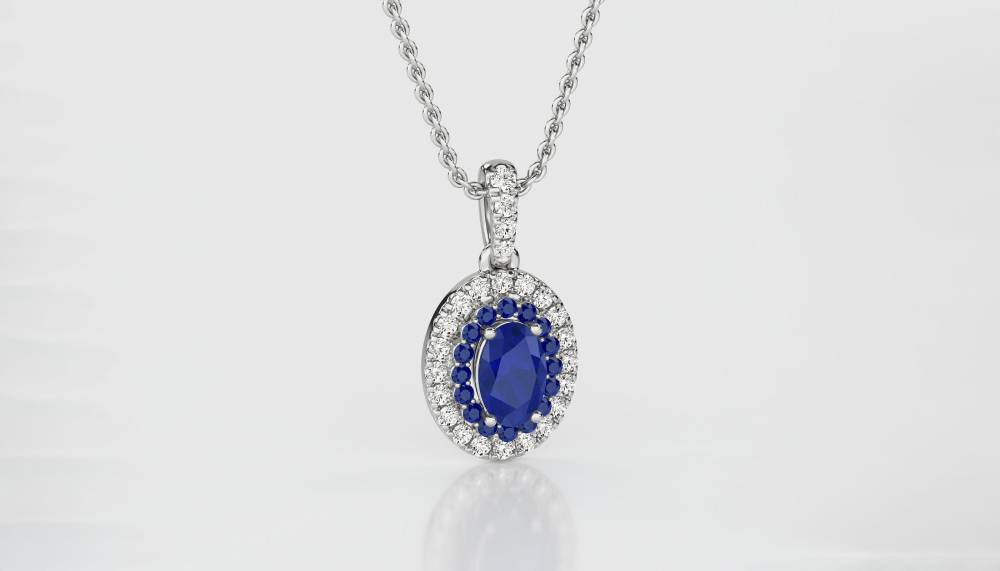 1.85ct Blue Sapphire Double Halo Oval Pendant And Chain W