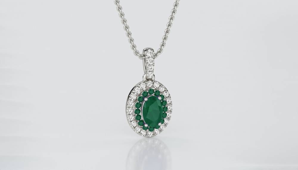 1.45ct Emerald  Double Halo Oval Pendant And Chain W
